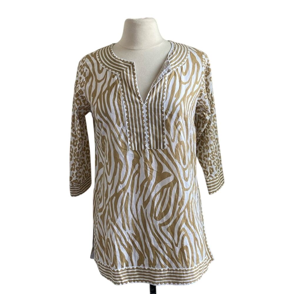 GRETCHEN SCOTT Tunic Womens Sz Small Tan Animal Print Safari Coastal Beach